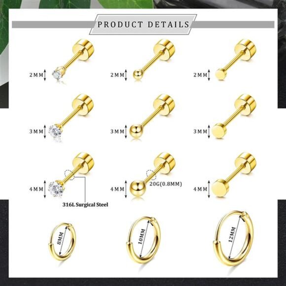 Small Tiny Stud Flat Back Earring Hypoallergenic Gold Studs 14K Stainless Steel - Picture 2 of 7